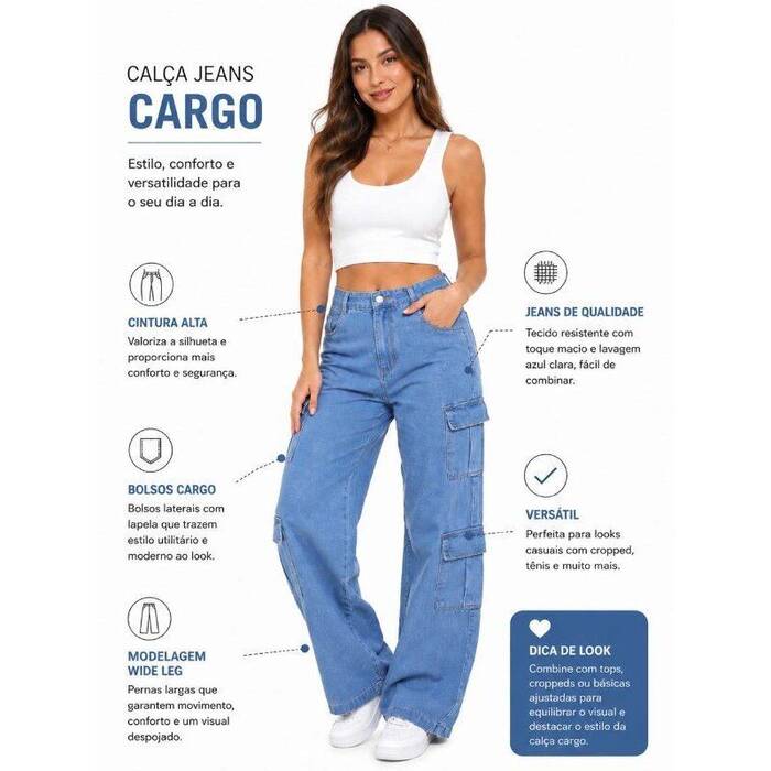 Calça Jeans Feminina Cargo 4 Bolsos Wide Leg